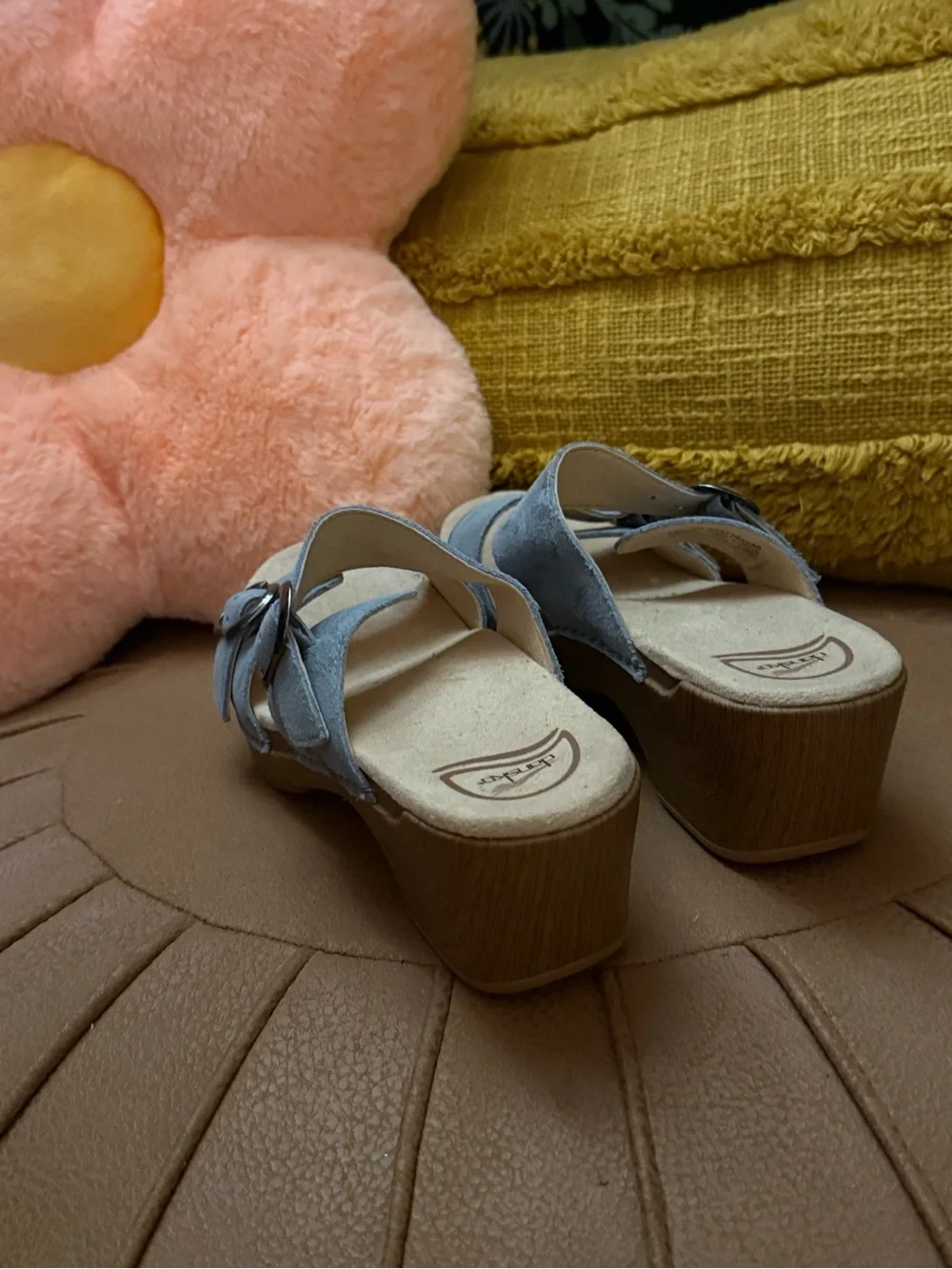 Dansko Sophie Suede Slide Sandals Blue Buckle Wedge Comfort Women’s Size 38